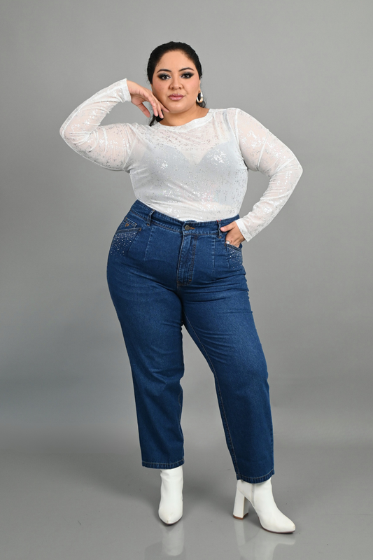 Jeans Slouchy Emilia Strass Azul