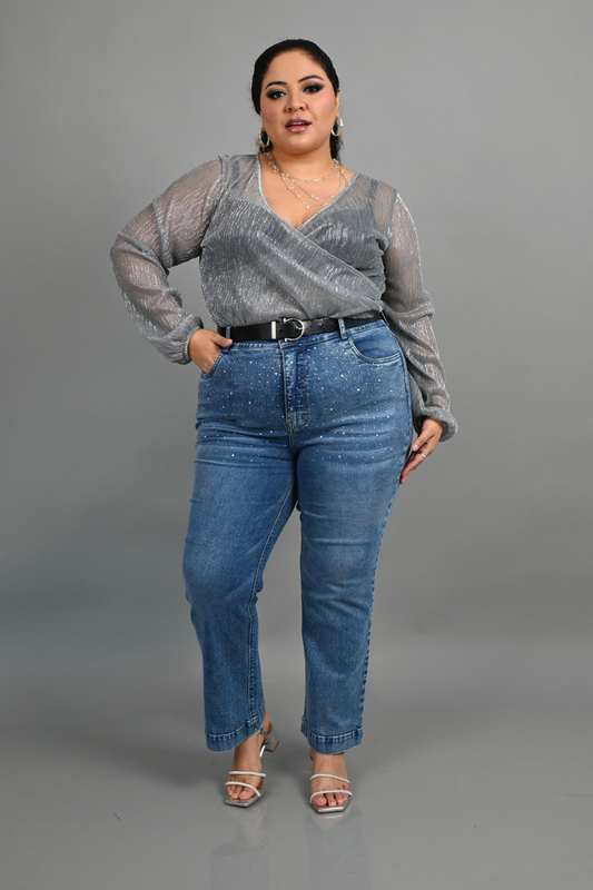 Jeans Corte Recto Strass Cielo