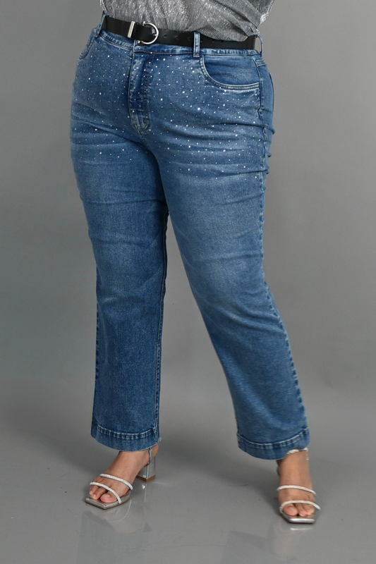 Jeans Corte Recto Strass Cielo